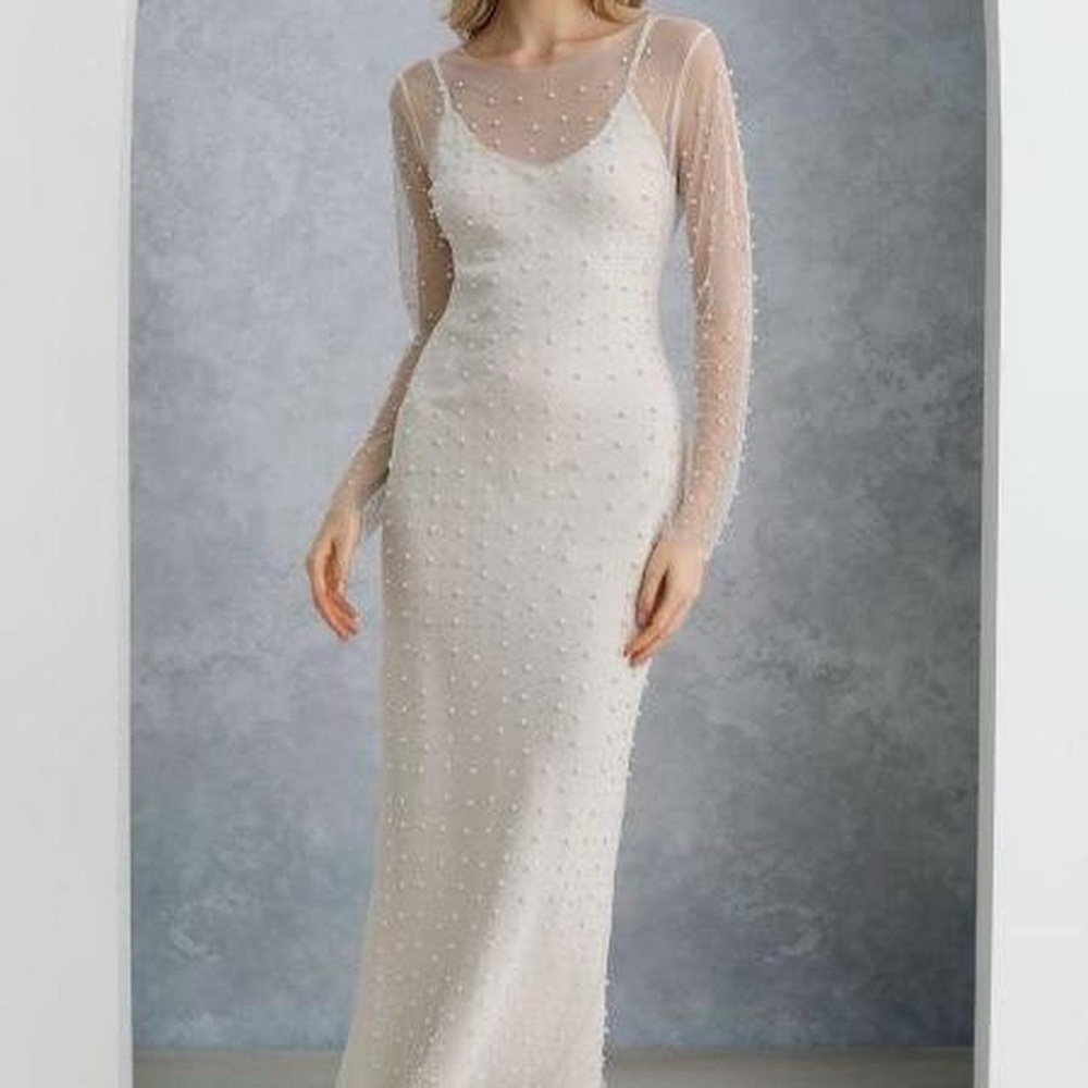 12th Tribe Pearl-Embellished Cream Long Sleeve Dress